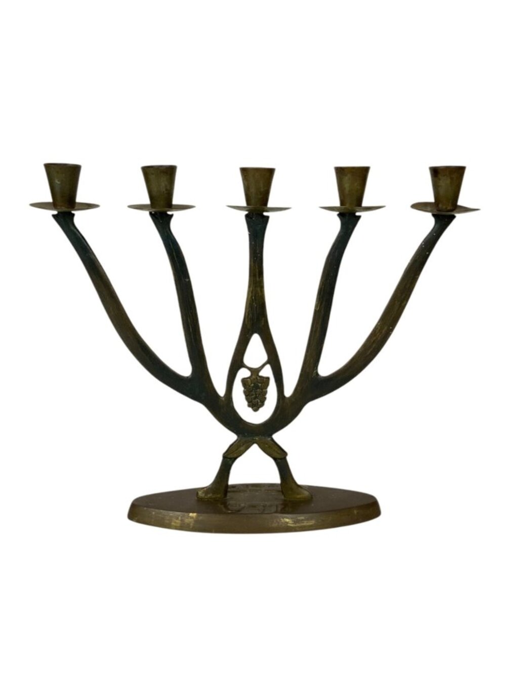 Vintage Brass Shabbat Sabbath Menorah Candleholder Grapes Hebrew Script Israel